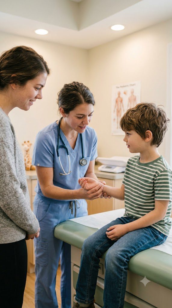 Pediatrician examining a young boy's wrist while mother looks on
