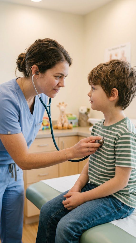 Pediatrician listening to a young boy's chest with a stethoscope