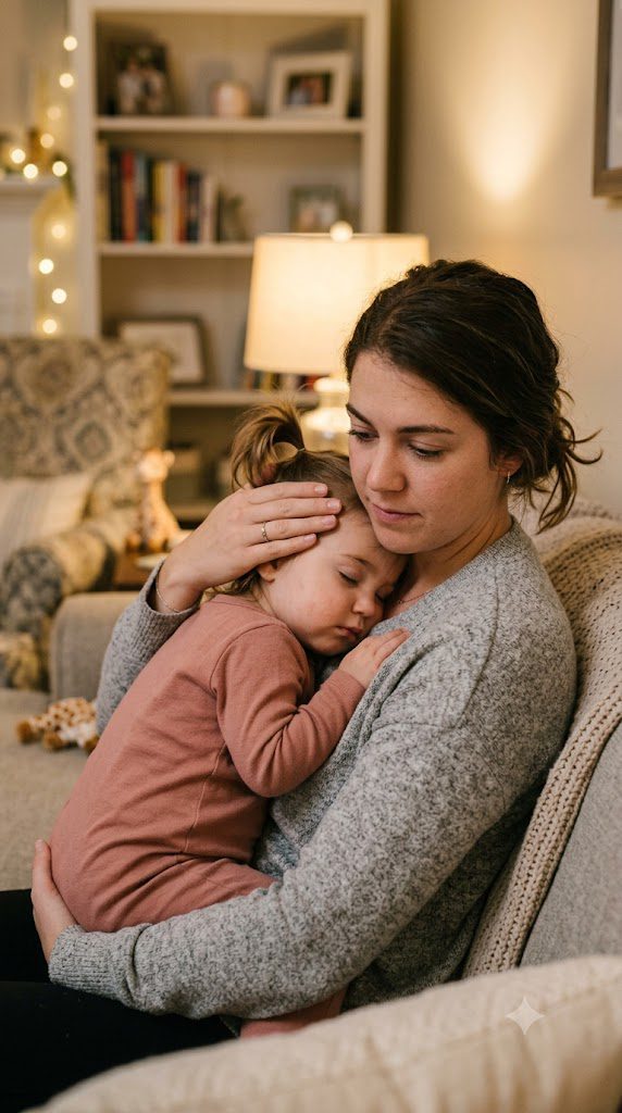 Mother comforting sleeping toddler with a fever at home