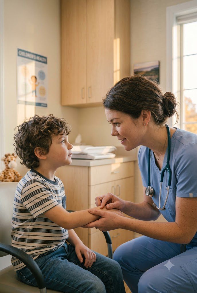 Pediatrician gently examining a young boy's hand during a checkup