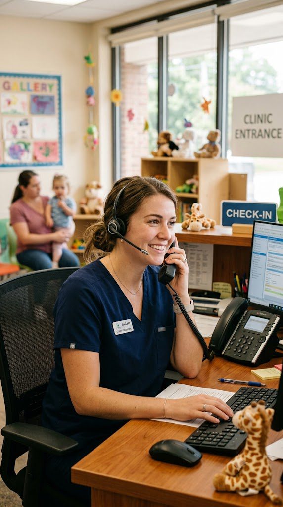 Friendly front desk staff member answering the phone at Alta Loma Pediatrics