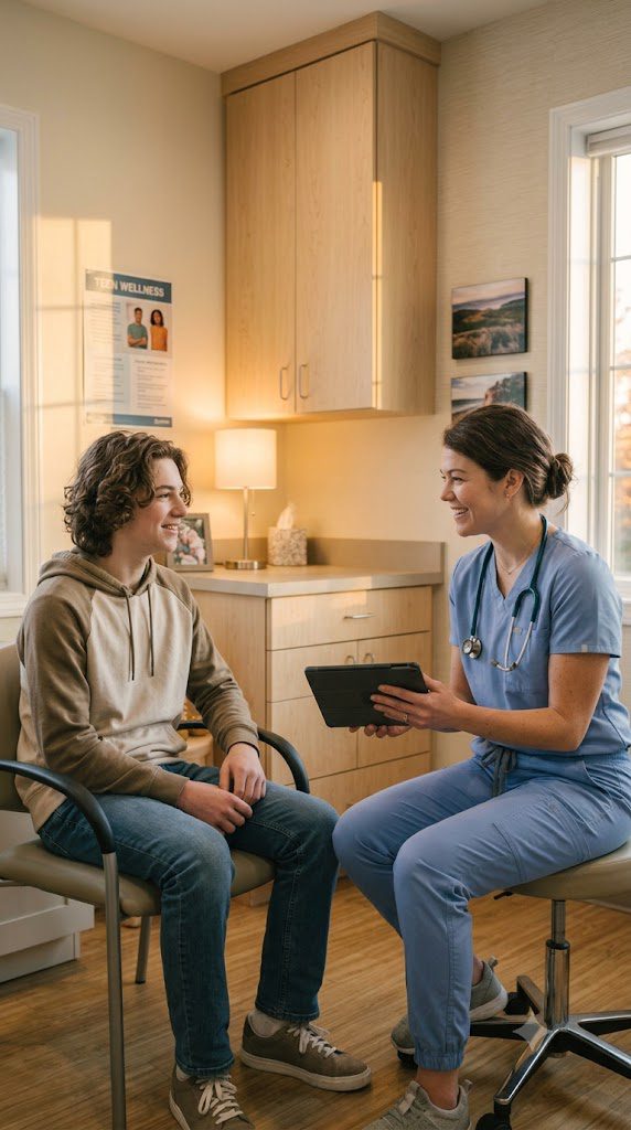 Pediatrician talking with a teenage patient during a wellness visit

