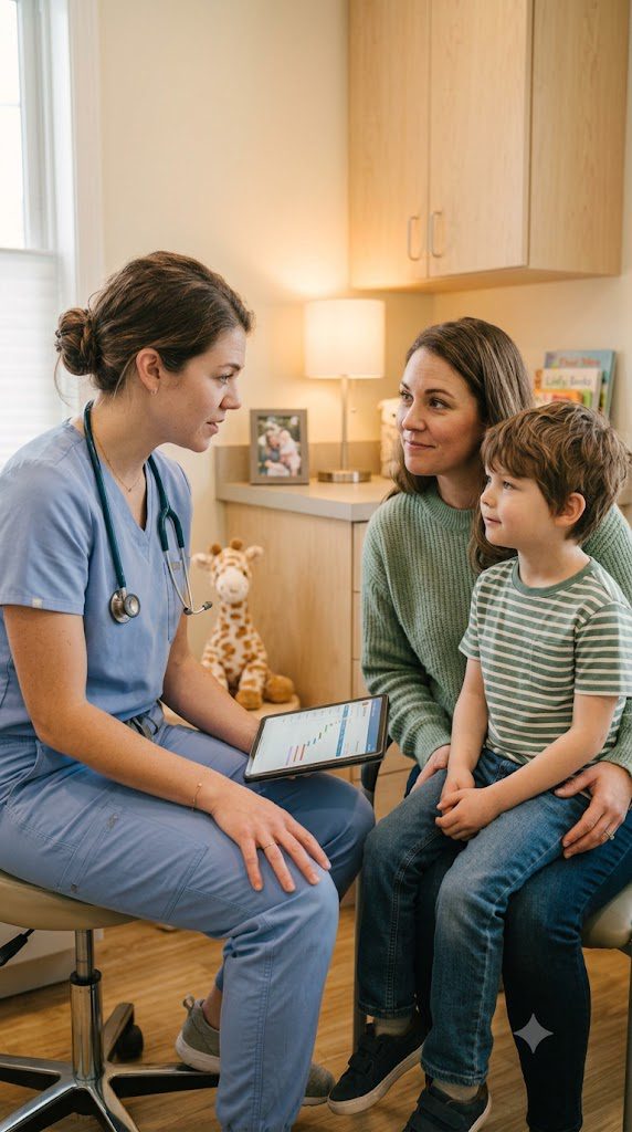 Pediatrician reviewing a child's chart with mother and son in exam room