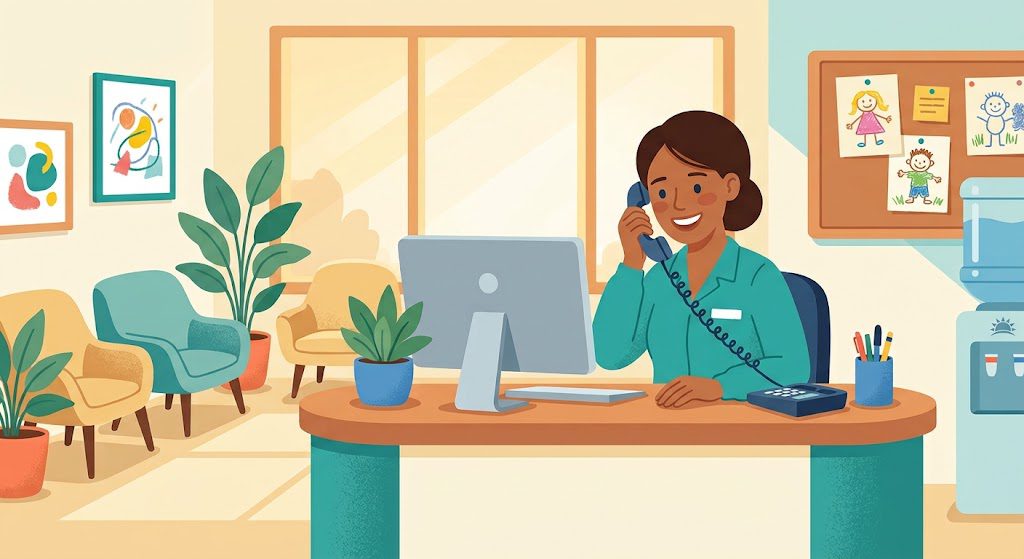 Friendly front desk staff member answering the phone at Alta Loma Pediatrics
