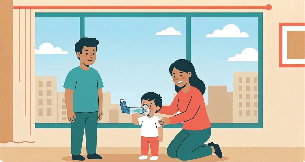 Child using a rescue inhaler with a spacer under a parent's supervision.