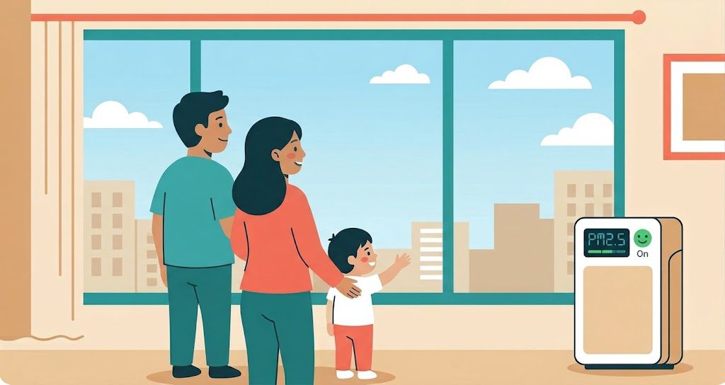 Family monitoring indoor air quality during wildfire smoke season.