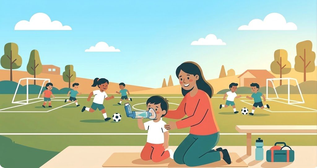 Young athlete using a rescue inhaler before joining soccer practice.