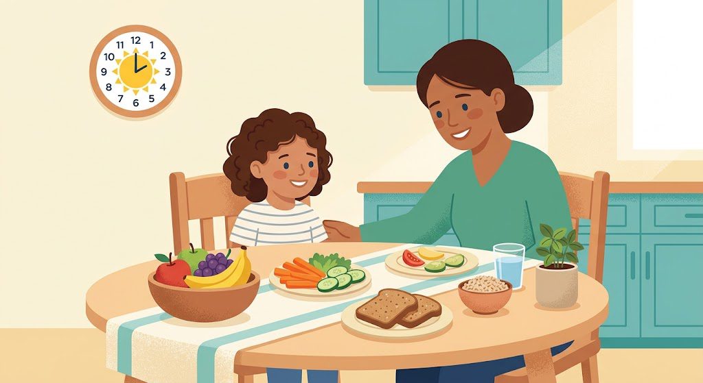 Parent and child sitting together with a variety of everyday foods