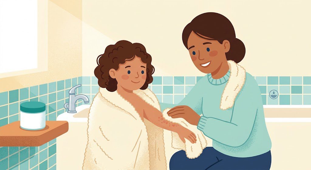 Parent patting a child dry after a bath as part of an eczema skin care routine
