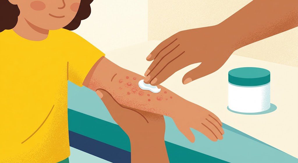 Parent applying moisturizer to a child's dry, irritated skin