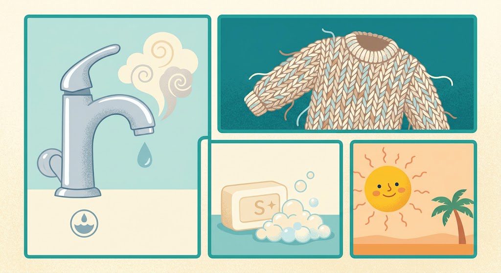 Illustration of common eczema triggers: hot water, wool fabric, soap, and heat