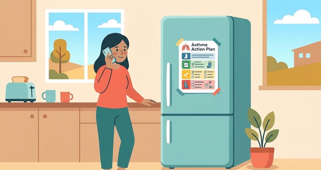 Parent reviewing a child's asthma action plan while calling the pediatrician's office.