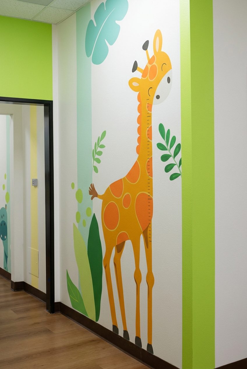 Giraffe growth-chart mural in the hallway at Alta Loma Pediatrics