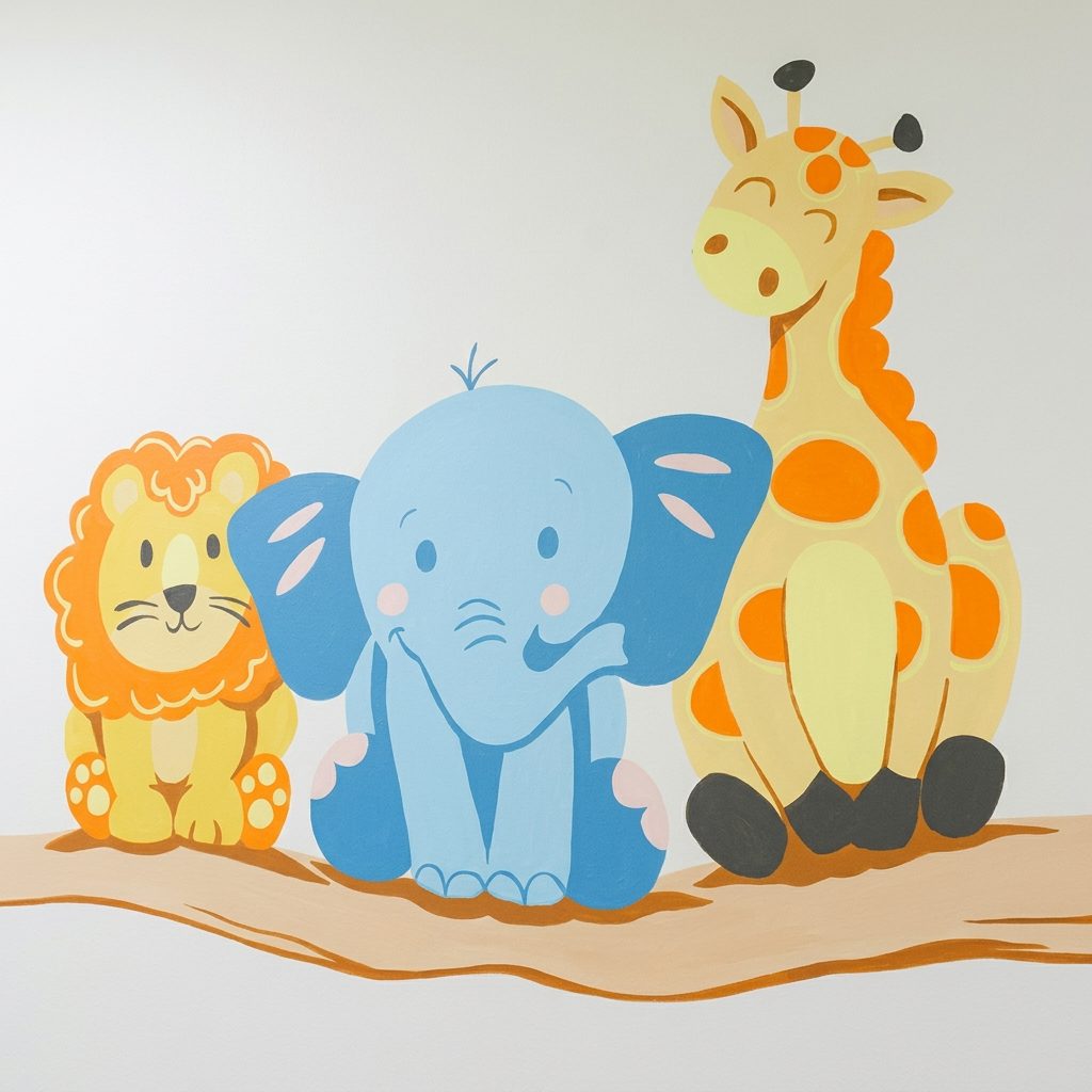 Lion, elephant and giraffe mural at Alta Loma Pediatrics in Rancho Cucamonga