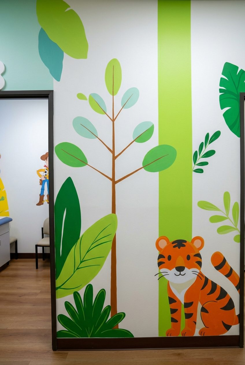 Tiger and tree mural outside the exam rooms at Alta Loma Pediatrics