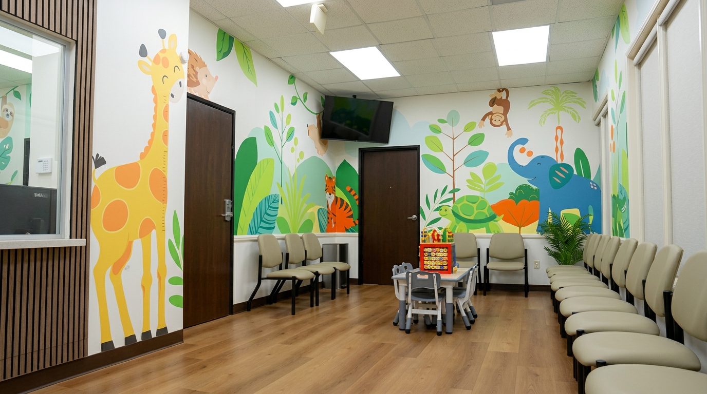 Jungle-themed waiting room at Alta Loma Pediatrics in Rancho Cucamonga with animal murals and a kids' play table