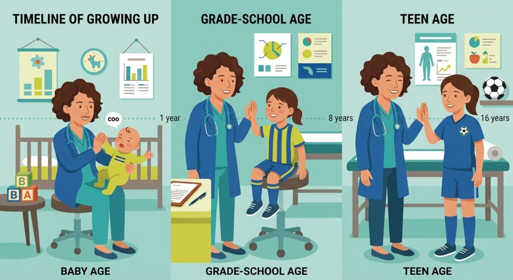 Pediatrician caring for the same child as a baby, a school-age kid and a teen