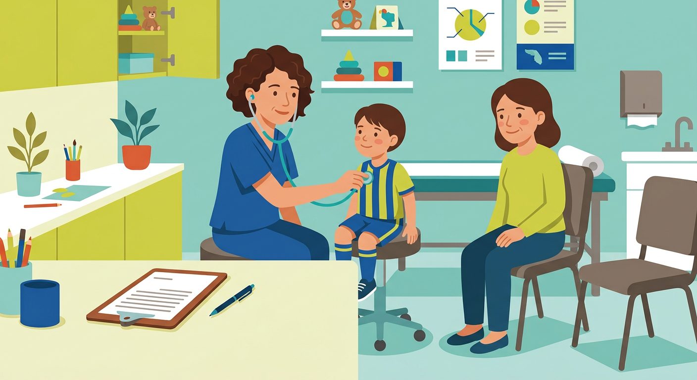 Pediatrician listening to a young athlete's heart with a stethoscope during a sports physical