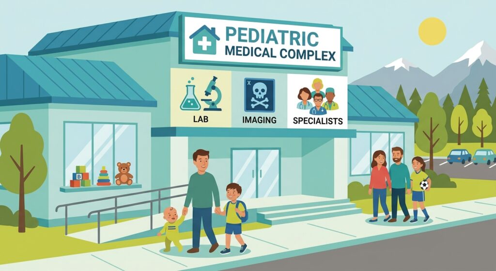 Families entering a large pediatric medical center with lab and specialist departments