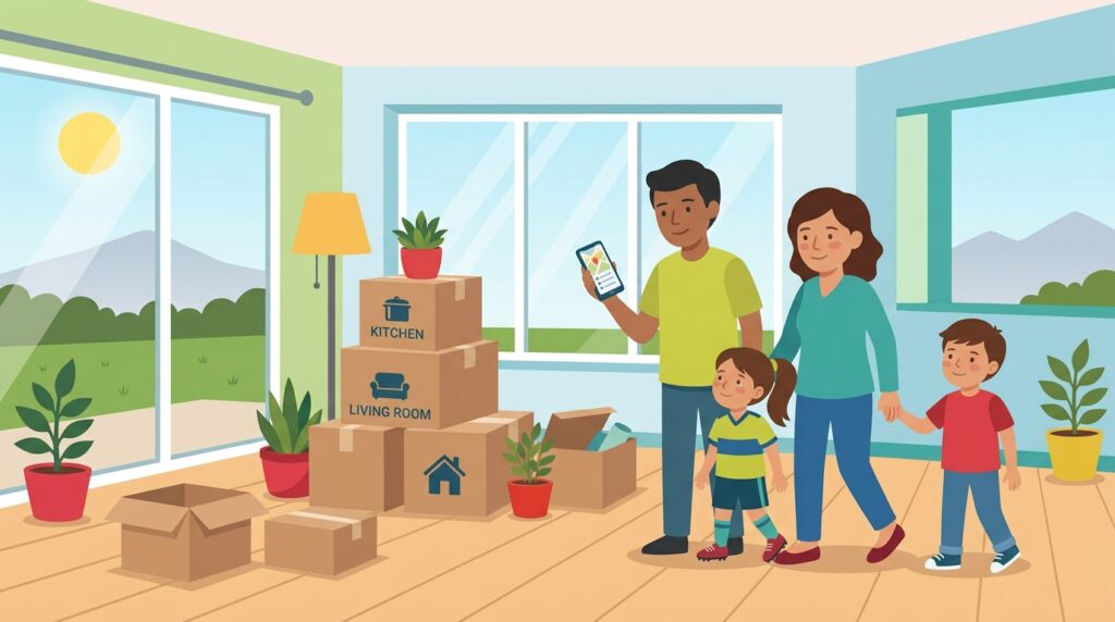 Family with moving boxes looking for a new pediatrician after a move