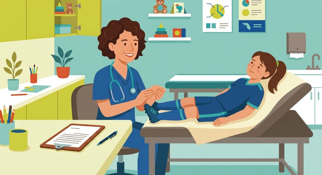 Pediatrician examining a young athlete's knee during a sports physical