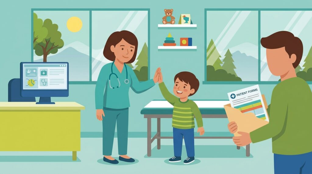 Pediatrician high-fiving a child at a first checkup while a parent holds records