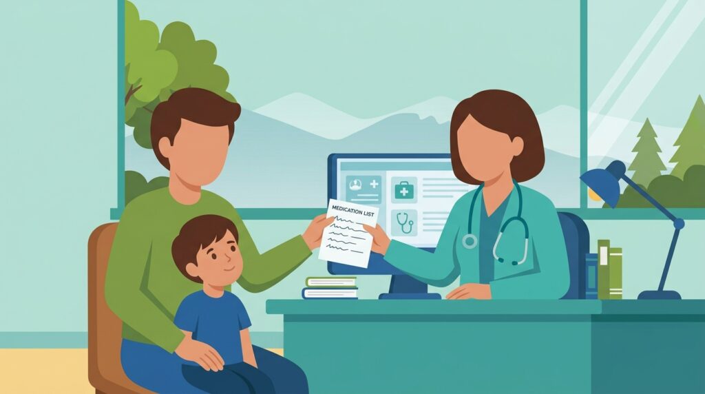 Parent sharing a child's medication list with a new pediatric office