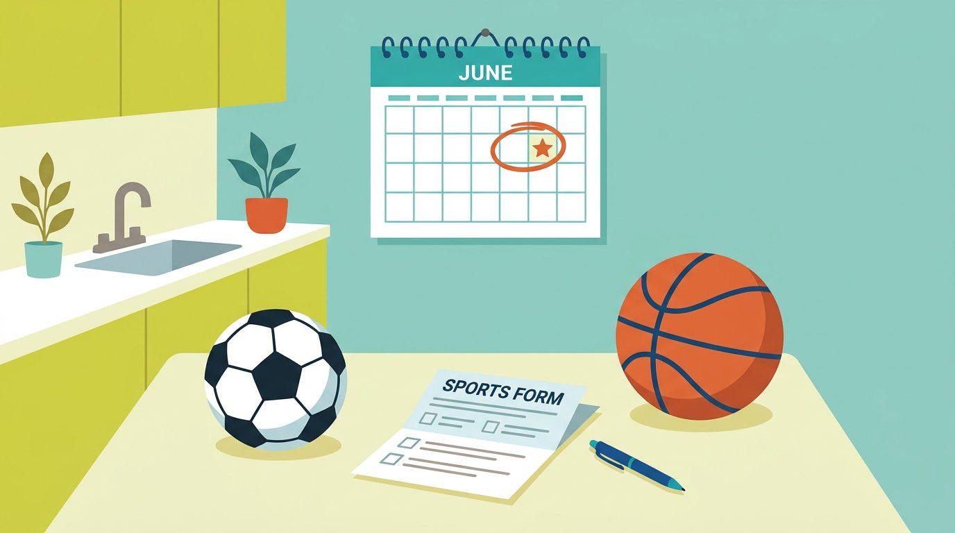 Calendar with a circled date beside a soccer ball and a sports physical form