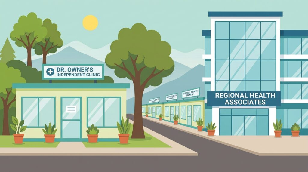 Small physician-owned pediatric clinic next to a large multi-location medical group