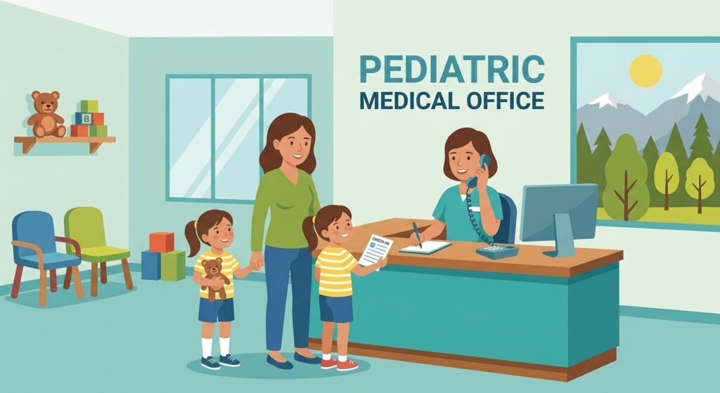 Front desk staff answering the phone as a parent and child check in at a small pediatric office