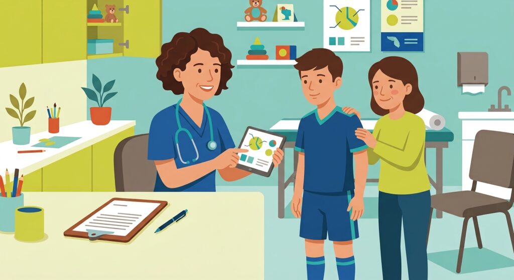 Pediatrician reviewing a teen athlete's health record with a parent in an exam room