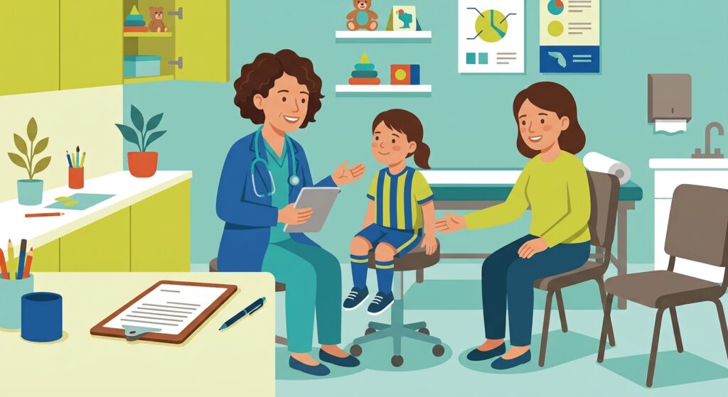 Pediatrician sitting and talking with a parent and child in an exam room